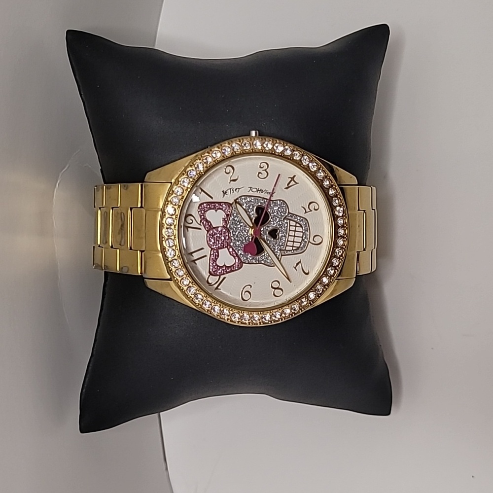 Betsey Johnson Sugar Skull Bow Watch Crystals Gold tone - Picture 2 of 8